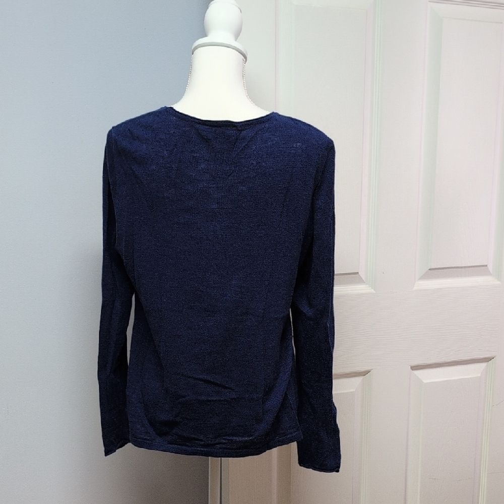J. Jill Deep Blue Linen Blend Long Sleeve Sweater Small Pocket Accent Size M - Picture 2 of 9